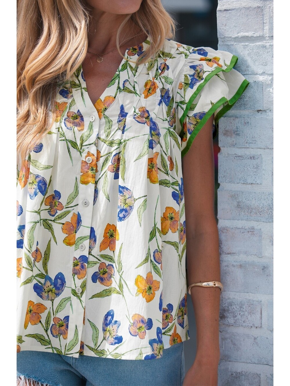 Women's Floral Print Ruffle Sleeve Blouse - Picture 4 of 9